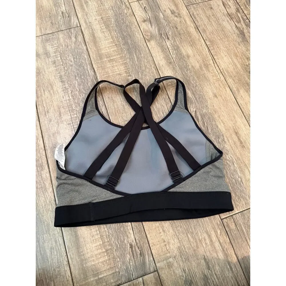 Nike Dri Fit  Sports Bra Strappy Open Back Swoosh Logo Gray Black Size Small